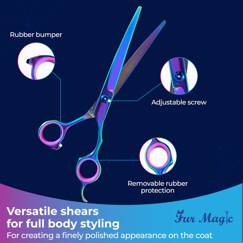 Fur Magic Dog Grooming Scissors Set, 4 Pieces Stainless Steel Grooming Products for Dogs and Cats with Straight Shears, Thinning Shears, Curved Scissors and Grooming Comb