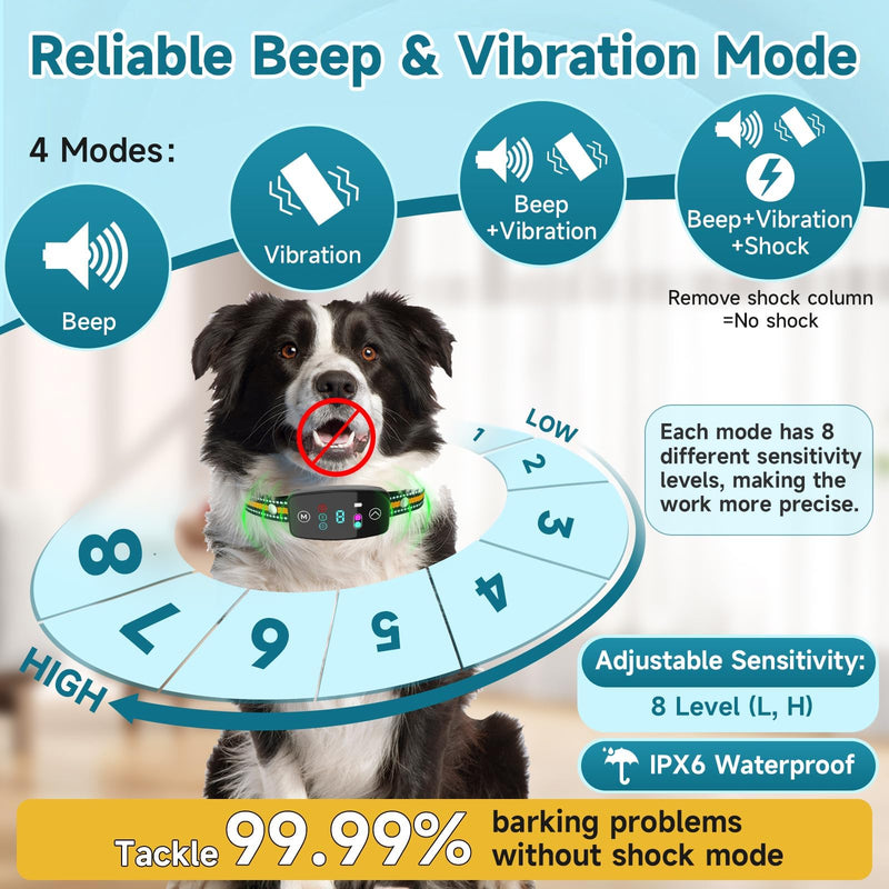 Dog Bark Collar for Large Medium Small Dogs, Rechargeable Anti Barking Training Collar with Smart Lock, Safe Bark Collars for Dogs, Automatic Stop Bark Adjustable Beep Vibration Modes, 8 Sensitivity