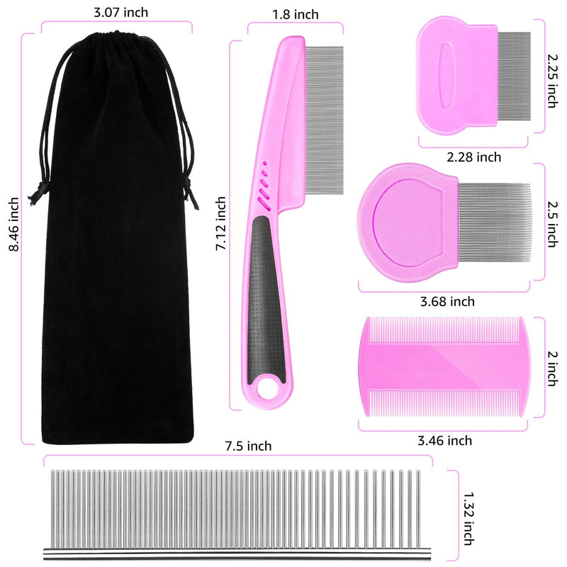 Flea Comb For Dogs & Cats Pet Comb Grooming Set 5 Pieces Metal Teeth Durable Remove Tear Stain Float Hair Combing tangled hair Dandruff Add Storage Pouch (pink) Pink - PawsPlanet Australia
