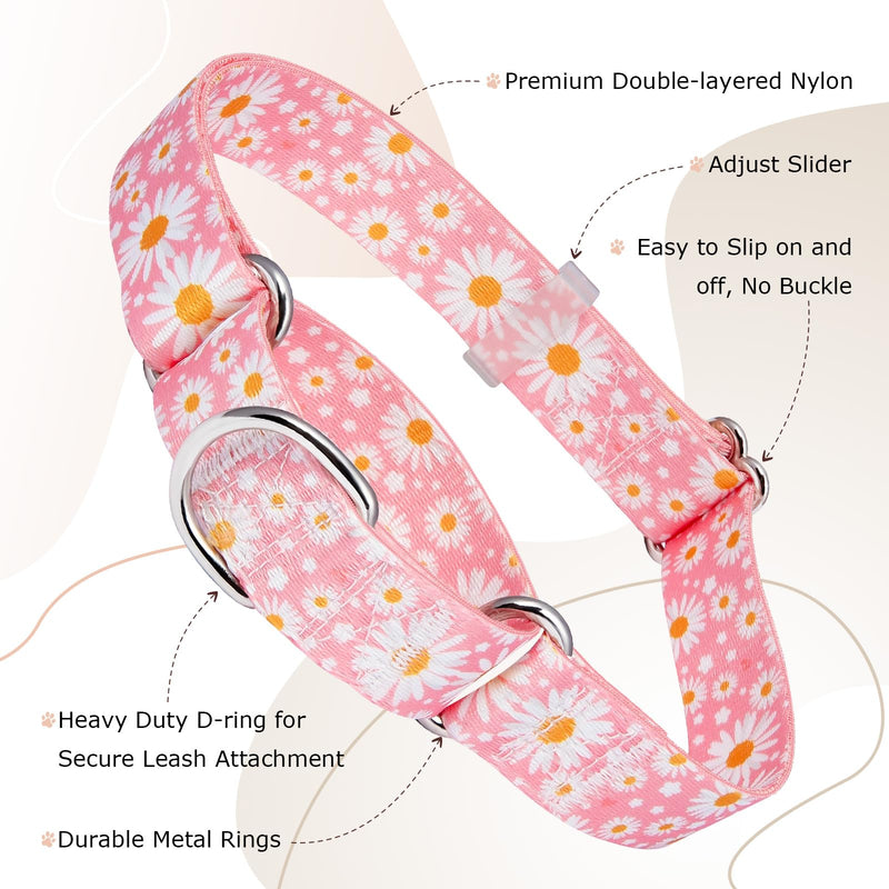 Martingale Collar for Dogs Medium Large, Girl Dog Collars with Adjustable Soft Nylon and Special Pink Daisy Floral Design, Training No Slip Dog Collar (S) 8 S (Neck 12"-17") - PawsPlanet Australia