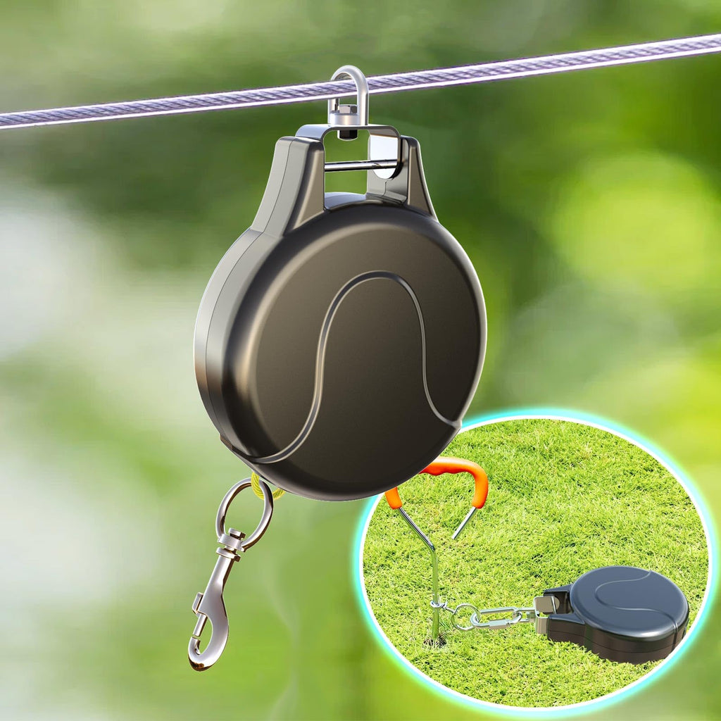 30ft Retractable Dog Tie Out Cable - 2-in-1 Retractable Dog Tie Out for Dog Zipline,Aerial Run Cable,Dog Tie Out Trolley Or Dog Stake Dog Anchor, No Tangle Retractable Tie Out Reel for Camping Or Yard 30FT Black