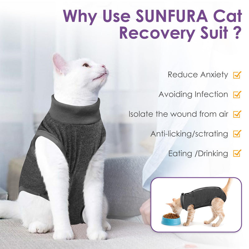 SUNFURA Cat Recovery Suit, Cat Onesie for Cats After Surgery, Breathable Cat Surgical Spay Suit for Abdominal Wounds Skin Diseases, E-Collar Alternative Cat Surgery Shirt Anti Licking, Grey M Medium