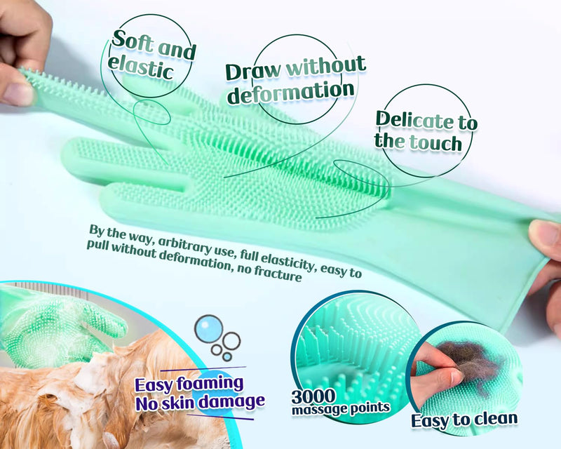 PnzongeMulti use silicone gloves for dogs, showers,pets cats hair removal, anti scratch massage products thickened set of 2 Green