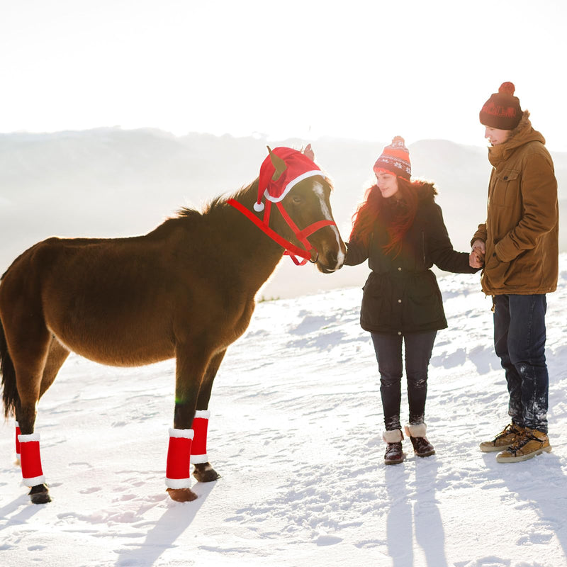 Paterr 6 Pcs Christmas Horse Accessory Includes 4 Pcs Leg Wraps with Faux Fur Trim Holiday Santa Hat Adjustable Nylon Halters for Christmas Horse Costume Accessories