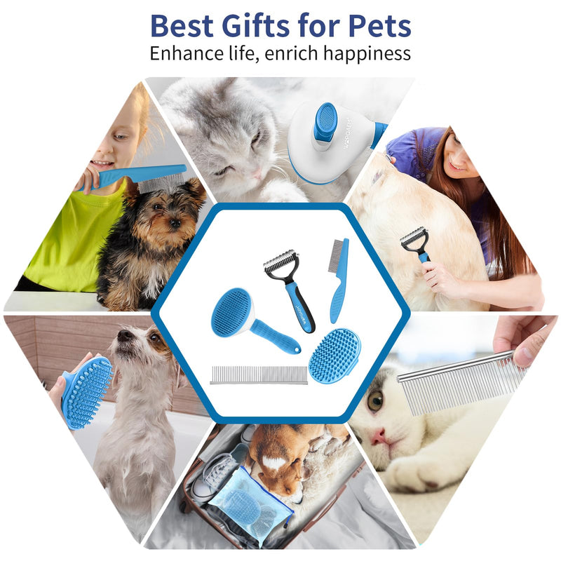 5 in 1 Dog Grooming Kit - Self-Cleaning Slicker Brush for Shedding Short Long Haired Dogs & Cats, Includes Pet Comb, Flea Comb, Bath Brush, Undercoat Rake - Complete Fur Care Set - Blue - PawsPlanet Australia
