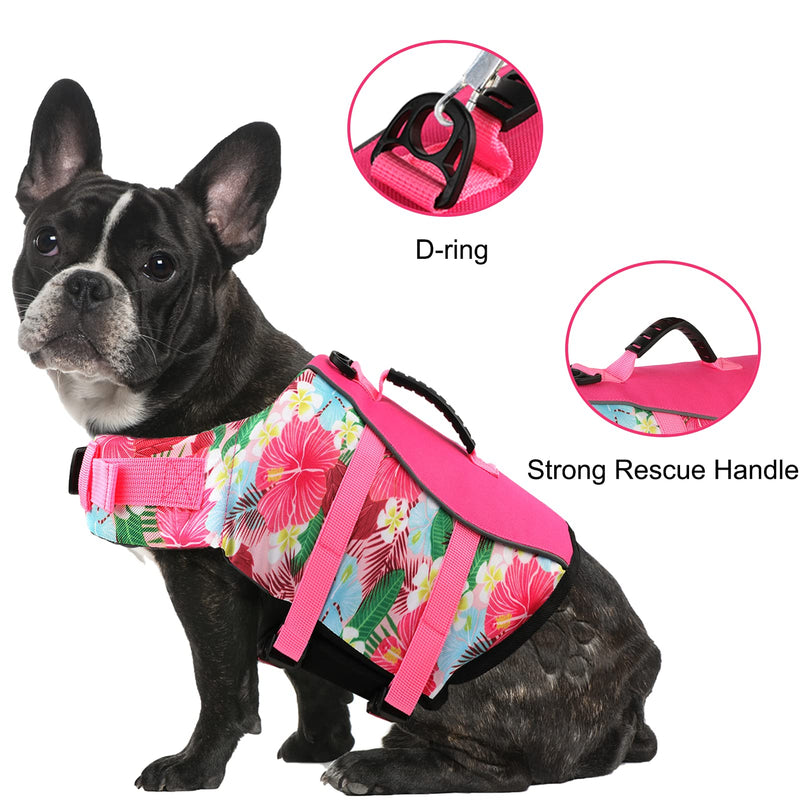 Mklhgty Hawaiian Dog Life Jacket - Adjustable Ripstop Vest with Rescue Handle for Swimming Boating, High-Flotation Safety Device for Small Medium Large Dogs (Floral Pink,S) Floral Pink - PawsPlanet Australia