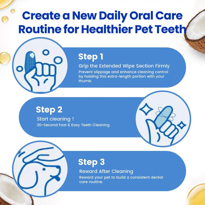Dog & Cat Tooth Brushing kit - 60Ct Dog Toothbrush & Toothpaste Alternatives, Dental Care Wipes, Heavy Duty Teeth Cleaning, Remove Tartar & Plaque, Breath Freshener(Coconut) Coconut