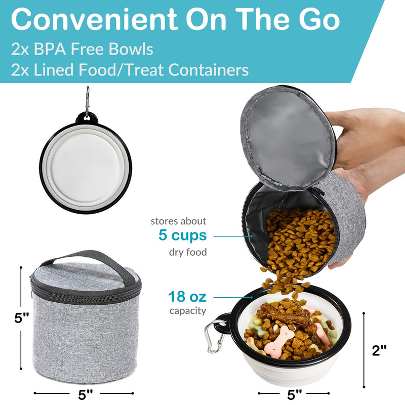 Dog Travel Bag with Treat Pouch, Airline Approved Dog Bags for Traveling, 2 Dog Food Travel Container, 2 Travel Bowls, Weekend Dog Travel Bag for Supplies, Dog Travel Kit Accessories Small Grey