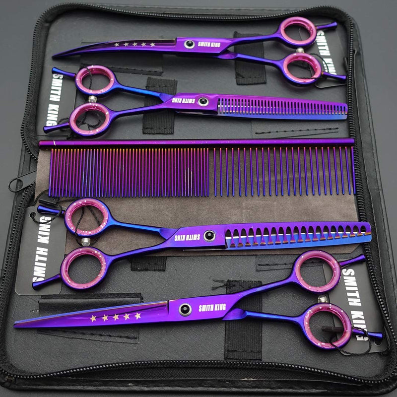 7.0 inches Professional Dog Grooming Scissors Set Straight & thinning & Curved & chunkers & comb 5pcs in 1 Set for left-handed & right handed Right-handed Purple - PawsPlanet Australia