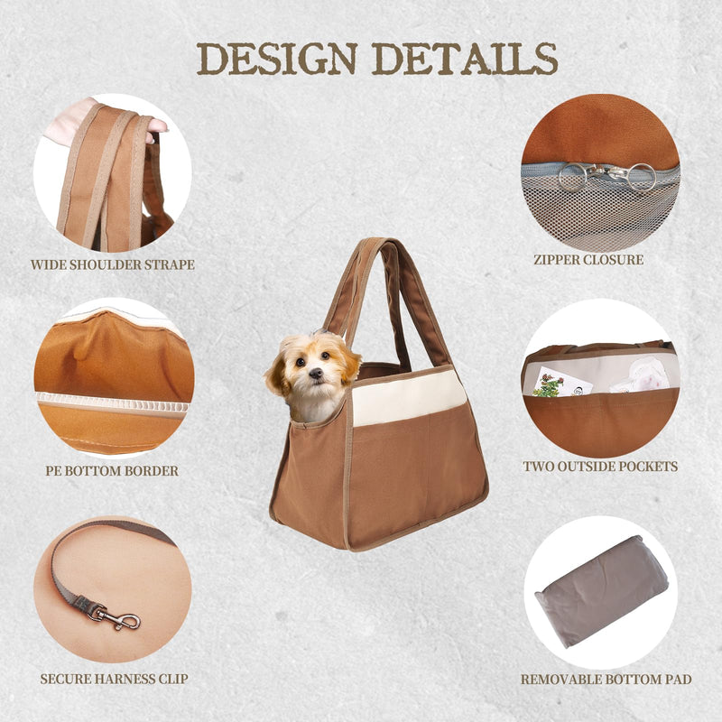Dog Cat Purse Carrier for Small Pets, Dog Carrier with Secure Harness Clip, Zipper Closure Small Dog Cat Bag Carrier for Pets-Brown, Up to 15 Lbs Brown