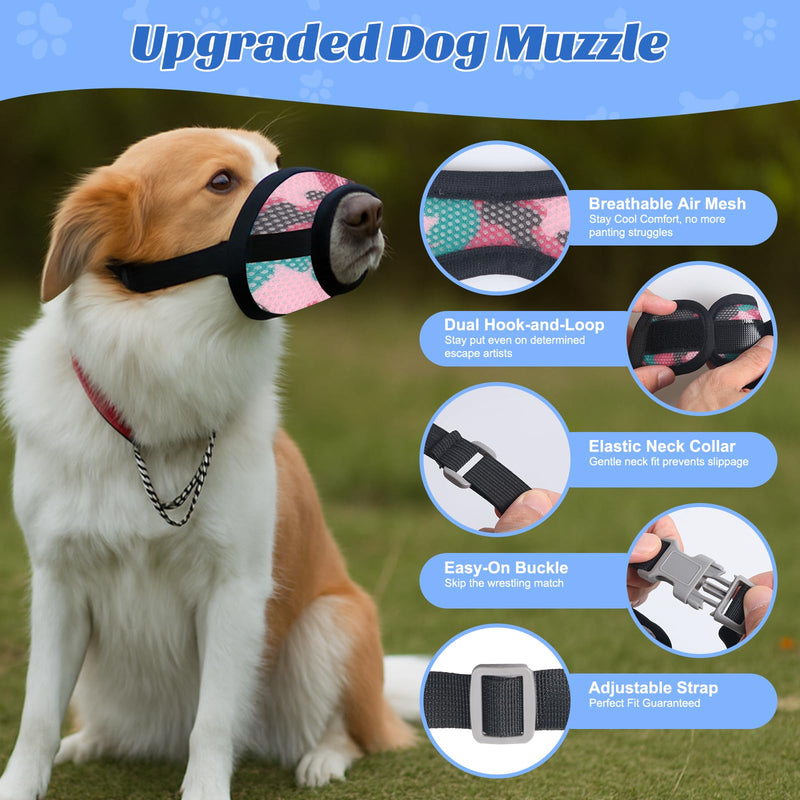 Dog Muzzle with Escape-Proof Elastic Neck Collar, Soft Breathable Air Mesh Mouth Cover Stops Biting Barking Chewing Allows Drinking Panting, Adjustable Muzzle for Small Medium Large Dogs Black/Pink M - PawsPlanet Australia