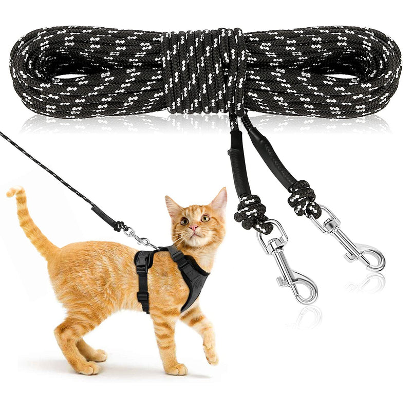 Rypet Reflective Cat Long Leash - 30 FT Escape Proof Walking Leads Yard Long Leash Durable Safe Personalized Extender Leash Traning Play Outdoor for Kitten, Puppy, Rabbit and Small Animals Black