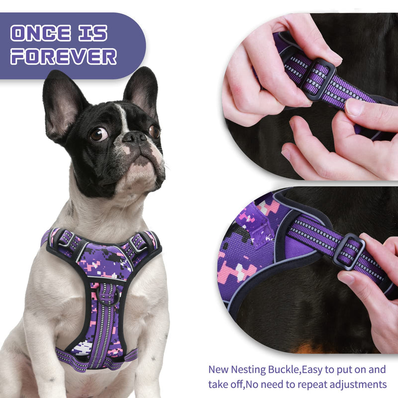No Pull Dog Harness for Medium Dogs, Adjustable No Choke Pet Vest with Dog Leash Fit Smart Reflective Pet Walking Harness for Training Easy Control Soft Handle Purple Camo M - PawsPlanet Australia