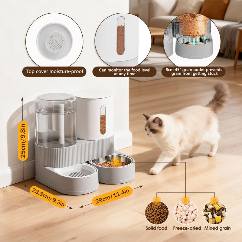 Automatic Gravity Cat Dog Feeder and Water Dispenser with 304 Stainless Steel Bowls 2 in 1 360 Degree Rotatable Auto 2.4L Dry Food and 2.6L Water Bowl for Small Medium Pet Dog Puppy Kitten (Gray) Gray - PawsPlanet Australia