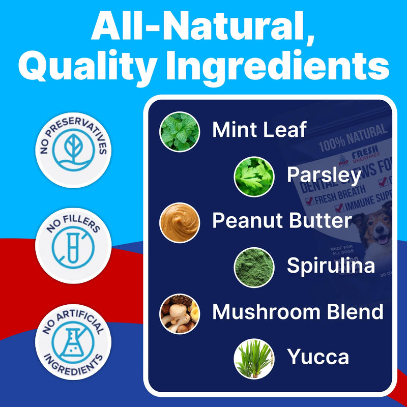 Fresh Breathies, All-Natural Dental Chews for Dogs, Dog Breath Treatment That Supports Gut Health and Immune System, Dog Teeth Cleaning Chews, Dental Treats for Dogs Made in The USA, 30 Count Bag