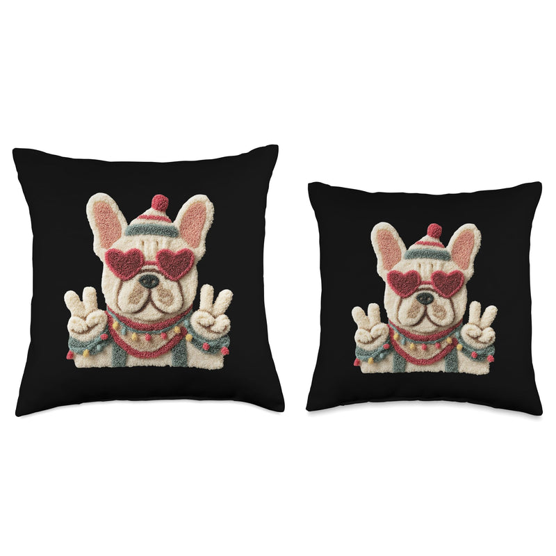 Cute French Bulldog Heart Sunglasses Funny Pet Design Throw Pillow 16x16