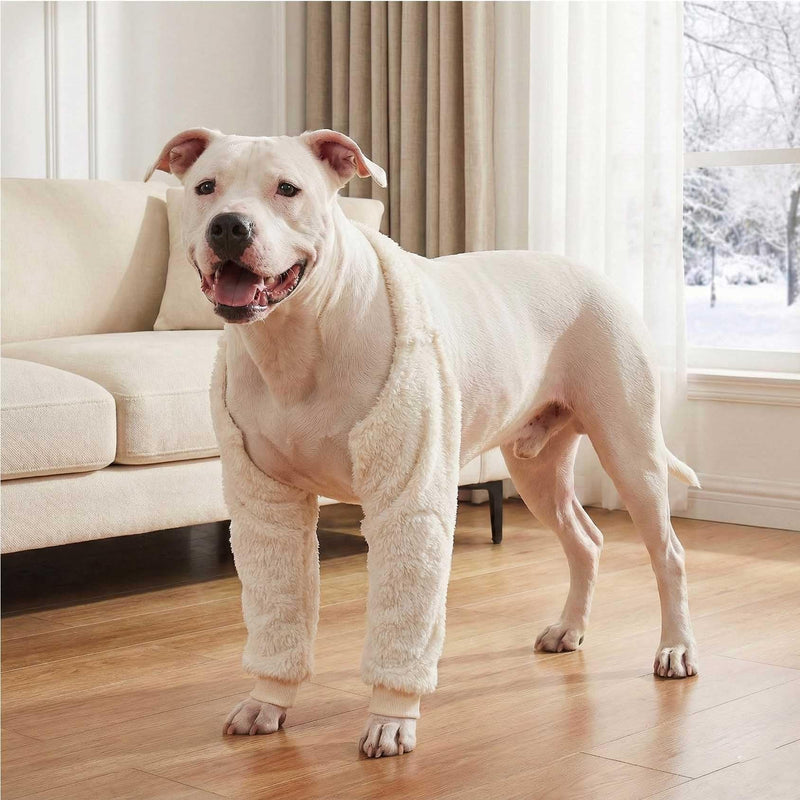 LovinPet Dog Front Leg Warmers for Medium Large Dogs, Double-Sided Fleece Elbow & Knee Sleeve, Adjustable Recovery Leg Protector, Anti-Lick, Anti-Chafe, Cold Weather Keep Warm, White, L