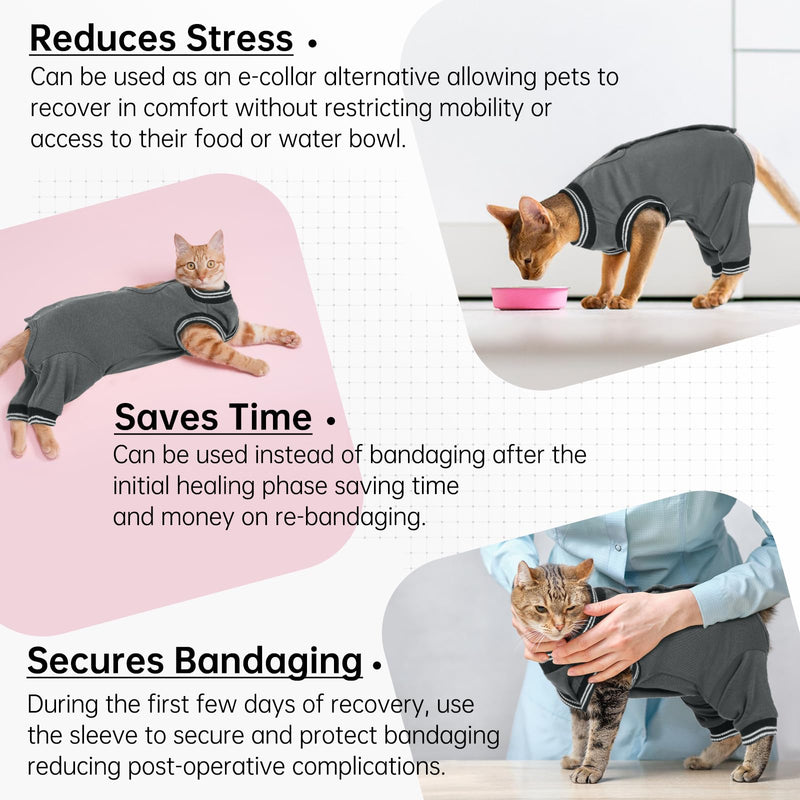 Cat Recovery Suit for Hind Legs, Cat Surgical Spay Suit with Leg Sleeves to Stop Licking, Wound Cover Abdomen Kitten Onesie, E-Collar Alternative, for Spay and Skin Diseases Gray M Grey Medium