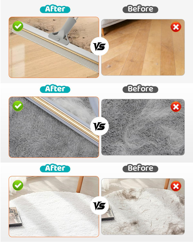 Carpet Rake for Pet Hair Removal, Reusable Pet Hair Remover Tool with 54 Inch Adjustable Long Handle, 3 Piece Carpet Scraper Set with Pet Bath Brush for Rugs, Couch, Furniture and Stairs Dark grey