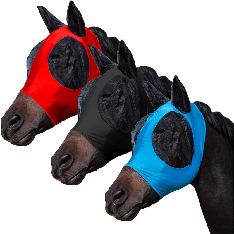 FOXLVDA 3 Pcs Horse Fly Mask - Fly Masks for Horses with Ears, Fashionable and Breathable Stretch Fabric with UV & Sun Protection for Average Size Horse (Blue-Black-Red) Blue-Black-Red Large