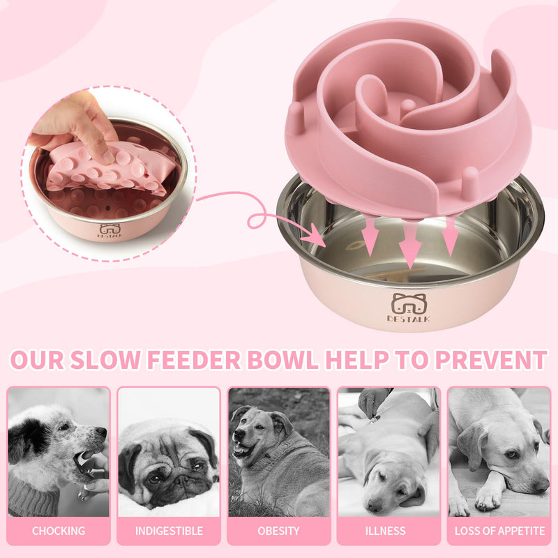 2-in-1 Metal Slow Feeder Dog Bowl, Bestalk Stainless Steel Dog Bowls with Silicone Slow Feeder Insert, Food Grade 304 Water Food Bowl with Anti-Slip Base for Small, Medium, Large Dogs 5 CUPS Pink - PawsPlanet Australia