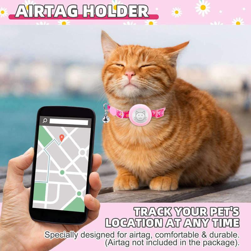 KOOLTAIL Breakaway Cat Collar with Air Tag Holder and Bells, Reflective Cute Kitten Collars, Adjustable Lightweight Safety Buckle Pet Collars for Kitty Boys Girls Cats Holiday, Flower Pink Daisy Rose Red - PawsPlanet Australia