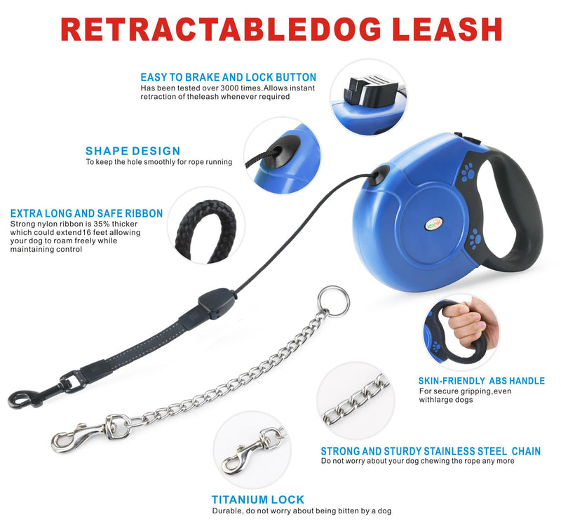 Idepet Heavy Duty Retractable Dog Leash for Small and Medium Dogs, Anti-Chewing Steel Chain Design,360 DegreeTangle-Free,Break and Lock System,26ft Leash Dog Walking (Blue, Round Rope) Blue - PawsPlanet Australia