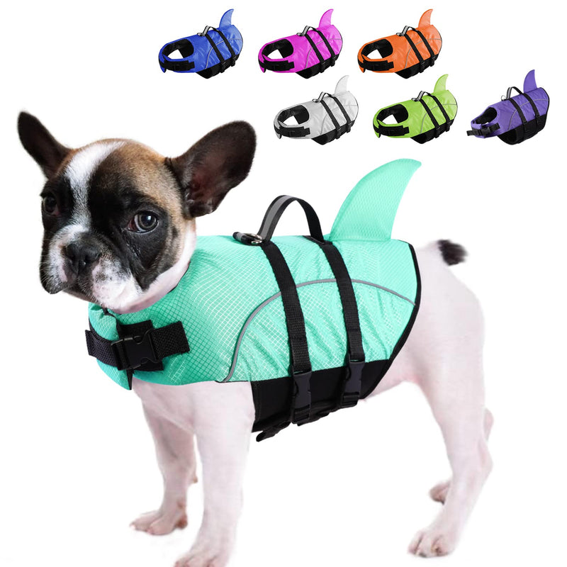 Queenmore Small Dog Shark Life Jacket,Dog Life Vest for Swimming Boating kayaking,High Buoyancy Puppy Dog Life Preserver,Reflective Light Dog Lifesaver with Strong Rescue Handle (Light Blue,XS) X-Small Light Blue