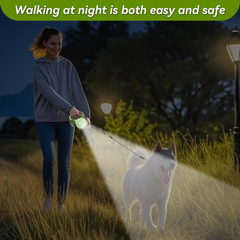 26ft Heavy Duty Retractable Dog Leash for Large Dogs, Dog Leash with Poop Bag Holder, Up to 100lbs, with LED Light, Chew Proof Cable, One-Handed Pause & Lock, 360° No Tangle. (Green, 26Ft) Green - PawsPlanet Australia