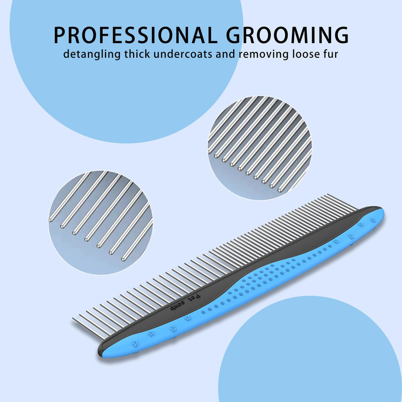 2 Piece Pet Grooming Rake and Brushes, Pet Combs, Dog Cat Comb, Stainless Steel Teeth, TPR Handle, 2-in-1 Single Sided Comb & Detangler for Dogs & Cats, for Removing Loose Hair, Mats, Tangles (Blue)