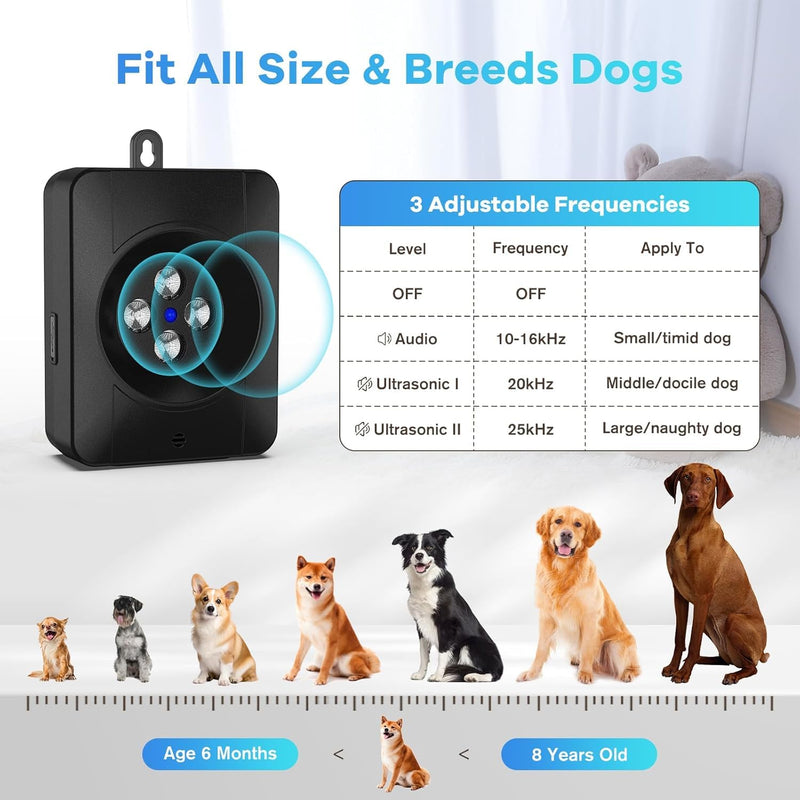 Dog Bark Deterrent Devices, Automatic Anti Barking Device with 4 Ultrasonic Transmitters, Audio & Ultrasonic Bark Box with 33FT Range, Rechargeable & Waterproof Outdoor Stop Barking Dog Devices