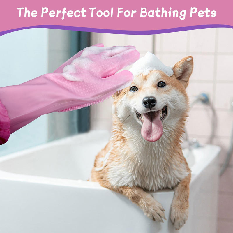 Dog Washing Gloves Finger Toothbrush,2-in-1 Pet Shower Set,Dog Bath Gloves with Extended Length,Comfortable Pet Washing Gloves for Gentle Bathing Efficient, Multifunctional Silicone(Pink) - PawsPlanet Australia