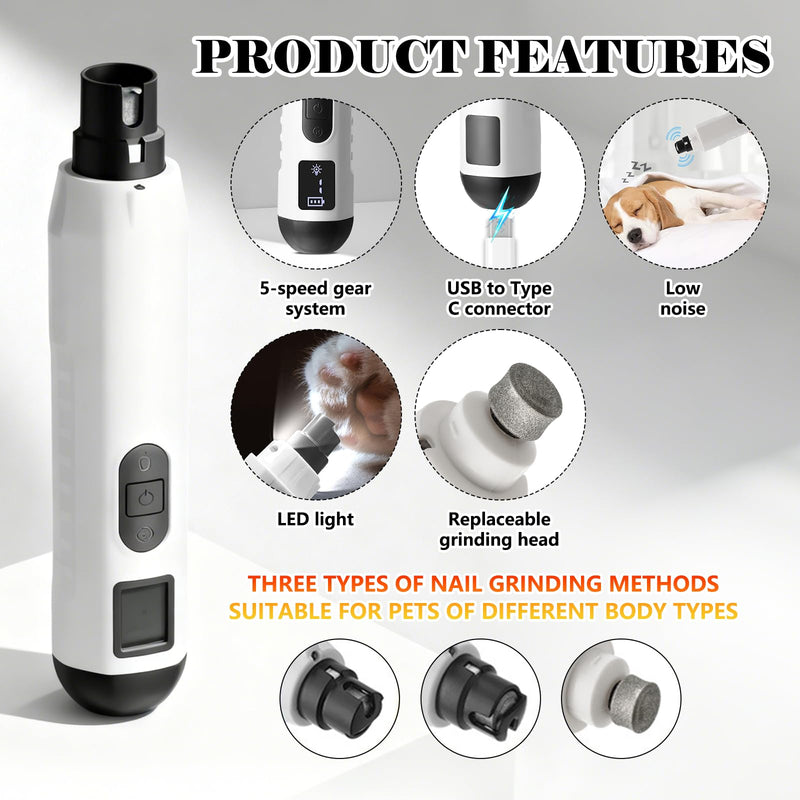 5 Speed Dog Nail Grinders, USB Charging Low Noise Pet Nail Grinder for Dogs Claw with Led Light Replaceable Grinding Head - PawsPlanet Australia