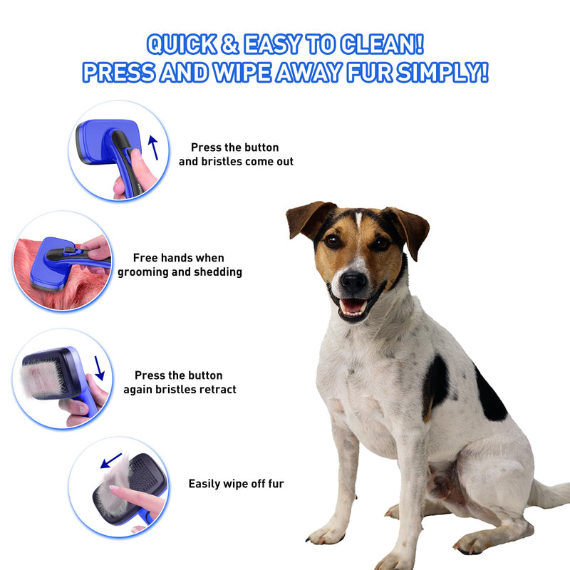 Dogs Cats Self Cleaning Slicker Brush for Shedding & Grooming Any Breed of Pets, Removes Loose, Undercoat, Mats, Tangled Hair for Small Medium Large Animal With Long Short Fur Length, Blue - PawsPlanet Australia