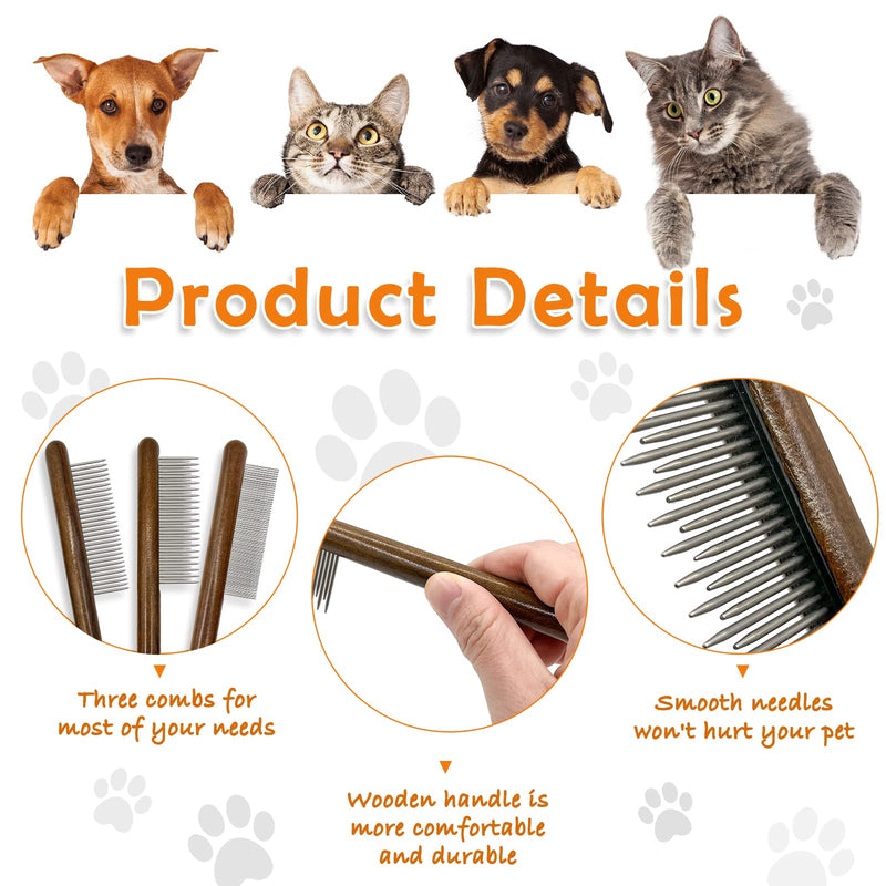 3 Pack Solid Wood Cat Combs, Stainless Steel Teeth for Cat Dog Rabbit Massage, Flea Lice Comb Removes Mats, Tangles and Loose Fur, Grooming Comb for Small Medium Pets MIX-3PCS