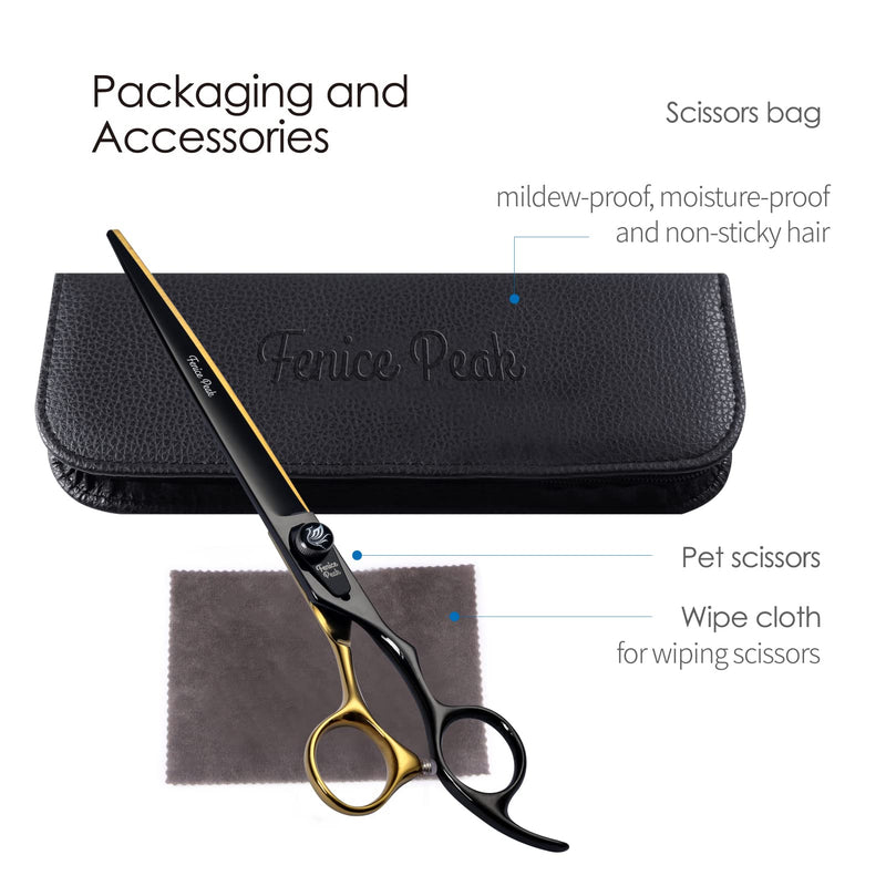 Fenice Peak 7'' Black Dog Grooming Scissors Goldern Straight Shears with Ergonomic Offest Handle and Pattern Screw Pet Grooming Trimming Shears Durable and Sharp 440C 7'' - PawsPlanet Australia