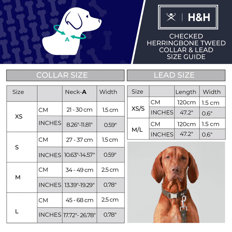 HUGO & HUDSON x HACKETT Tweed Dog Collar with Adjustable Metal Buckle, Grey Checked Herringbone S