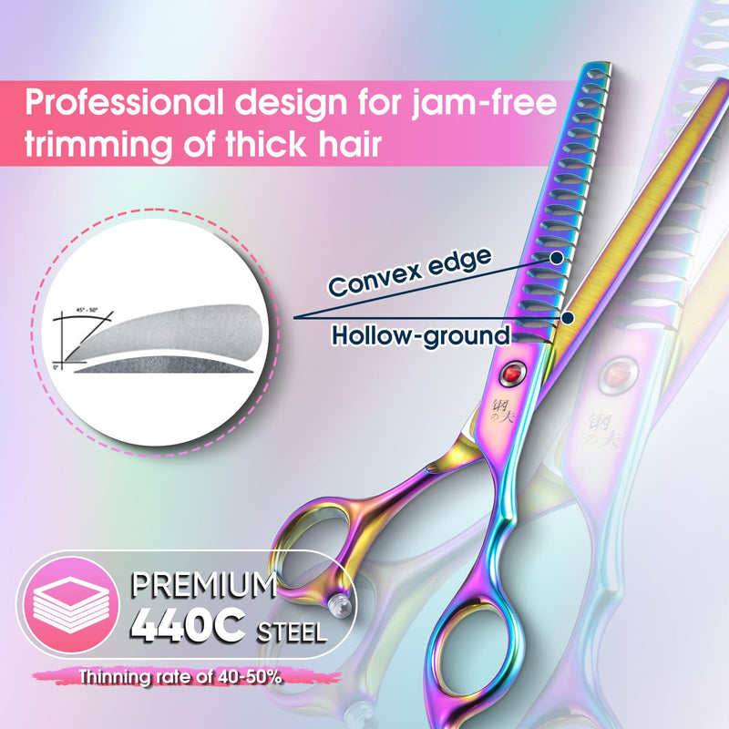 7" Chunker Shears Dog Grooming Rainbow, Thinner Blender Shears for Medium and Big Pets, Japanese Stainless Steel 440C Fur Trimming Scissors for Novice and Professional Groomers Devil Shears - PawsPlanet Australia