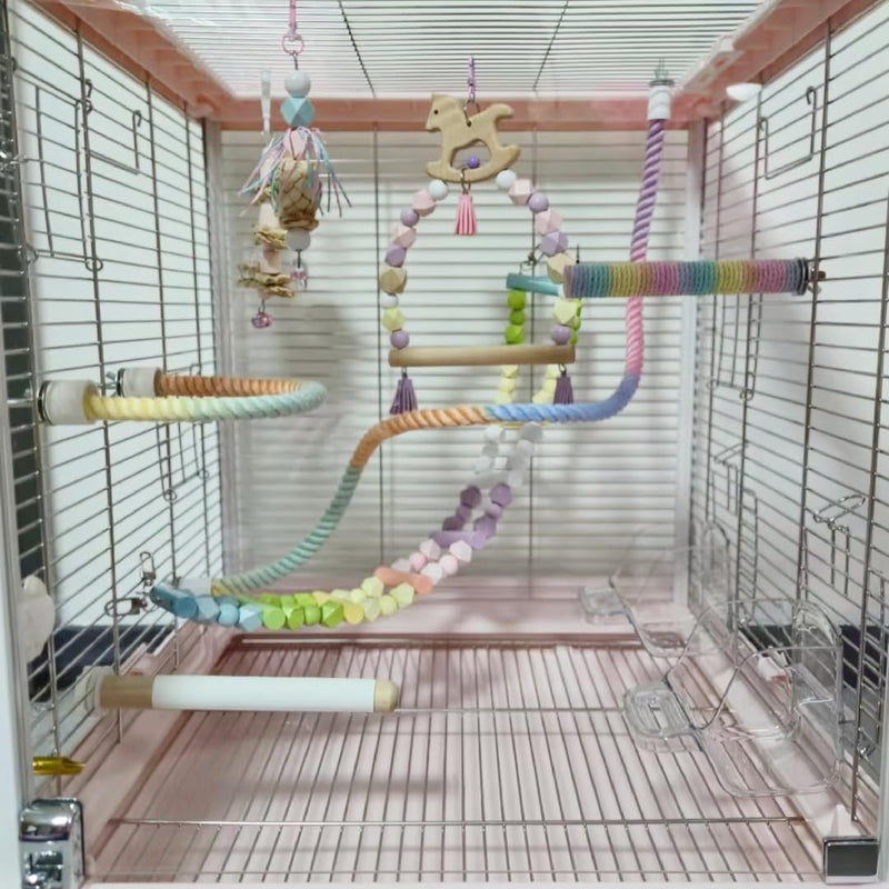 2Pcs Gradient Bird Rope Perch Stand Bird Cage Climbing Rope Toys Accessories of M5*30mm Screw for Cockatiels Lovebird Parakeet Budgies Sugar Gliders Hemp Swing(31.4'' & 14'') Rainbow 2pcs - PawsPlanet Australia
