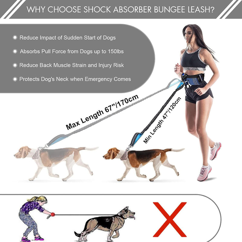 Hands Free Dog Leash with Waist Bag for Medium to Large Dogs, Dual-Handle Reflective Bungee Leash with Poop Bag Dispenser Pouch, Adjustable Waist Belt for Night Walking Jogging Hiking - PawsPlanet Australia