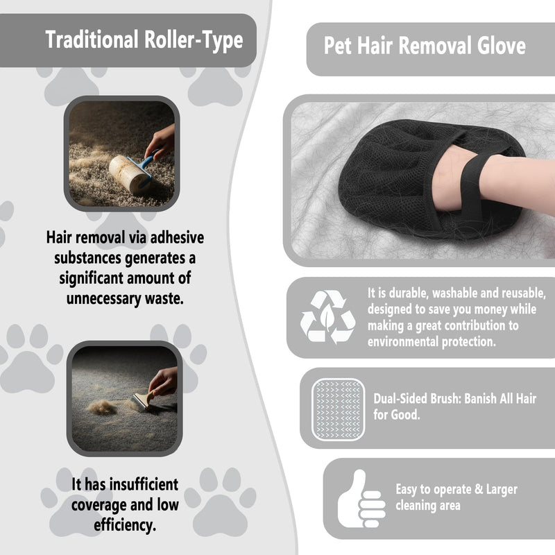 Pet Hair Removal Glove for Dogs & Cats, Five-Finger Electrostatic Glove for Clothes, Couch,Carpets, Car Seat, Individually Wrapped 1 Pack Black, L Five Finger (Large) - PawsPlanet Australia