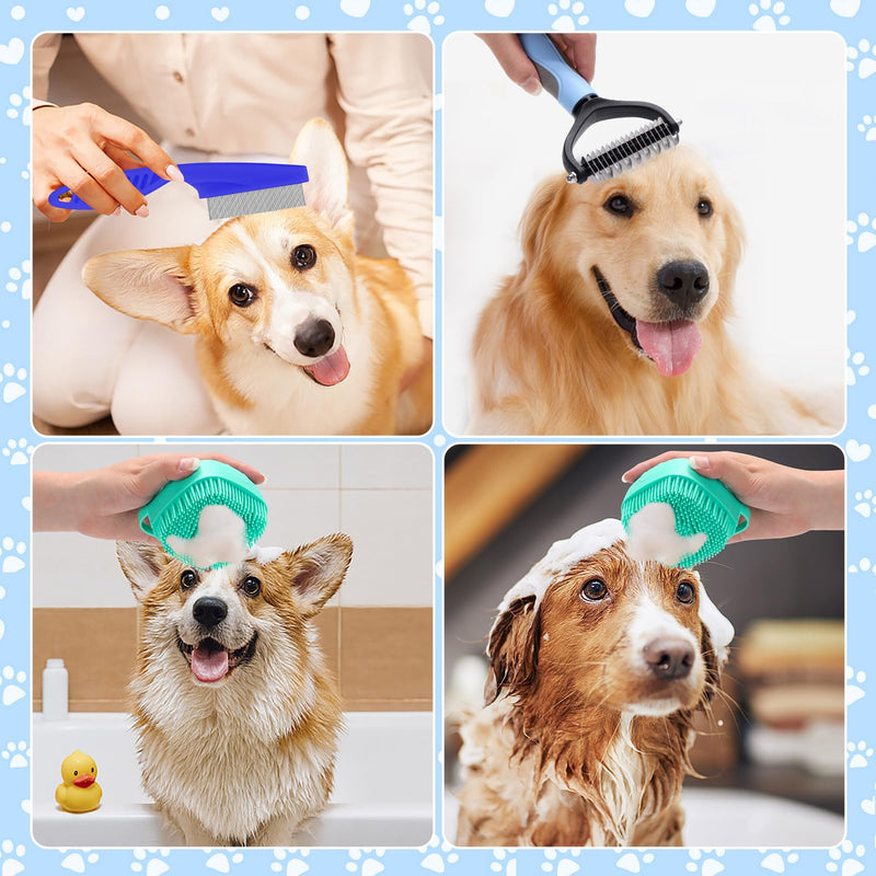 VCZONE 8 Pcs Dog Brush Grooming Kits, Includes Pet Nail Clipper and File, Flea Comb, Pet Shampoo Bath Brush, Pet Shedding Brush, Pet Dematting Comb, Silicone Toothbrush (Blue) Blue - PawsPlanet Australia