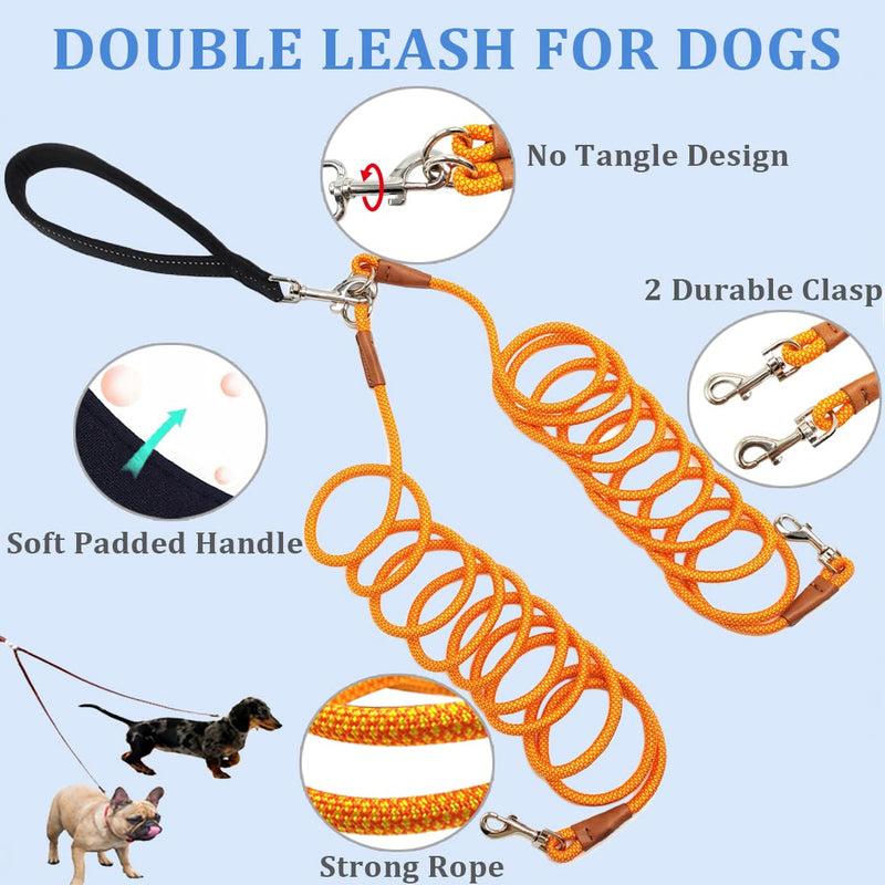 8 FT Double Dog Leash, 2 Way Mulitiple Dog Leash Detachable No Tangle with Soft Padded Handle, 1/4" Rope Dual Lead for 2 Dogs Outdoor Walking (Orange Yellow) 8ft* 1/4" orange yellow - PawsPlanet Australia