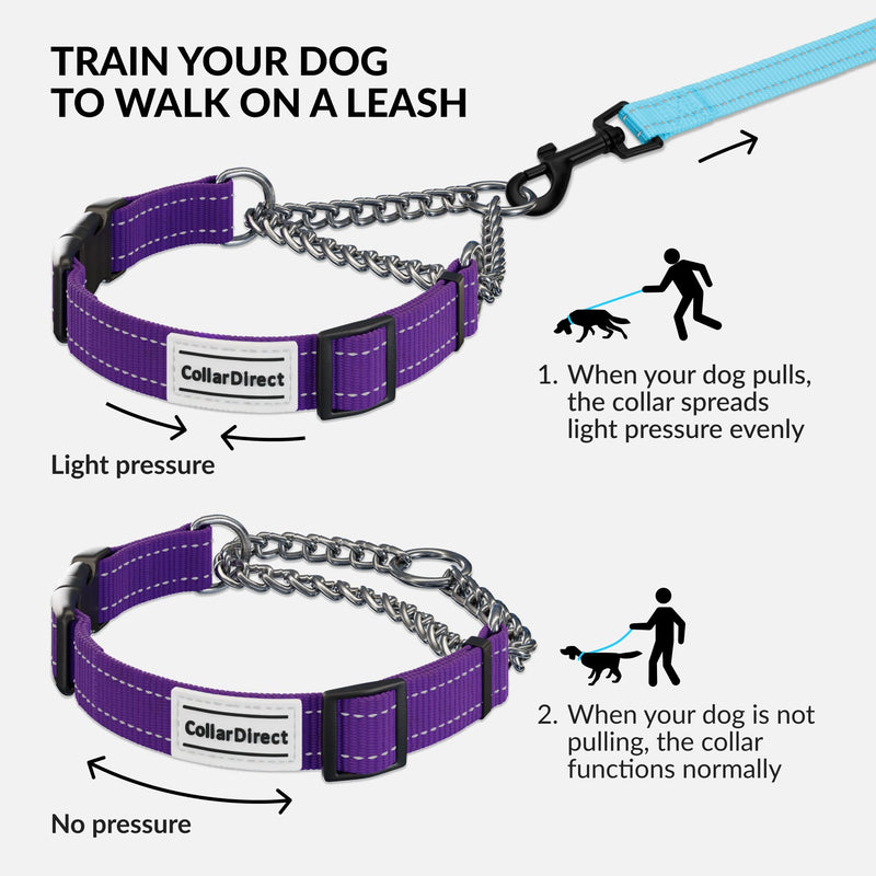 CollarDirect Martingale Dog Collar with Stainless Steel Chain and Quick Release Buckle - Reflective Collar for Large, Medium, Small Dogs - Purple, Medium (Neck Size 14"-17")