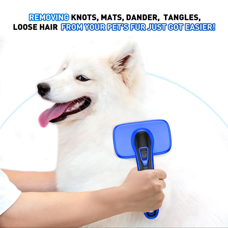 Dogs Cats Self Cleaning Slicker Brush for Shedding & Grooming Any Breed of Pets, Removes Loose, Undercoat, Mats, Tangled Hair for Small Medium Large Animal With Long Short Fur Length, Blue - PawsPlanet Australia