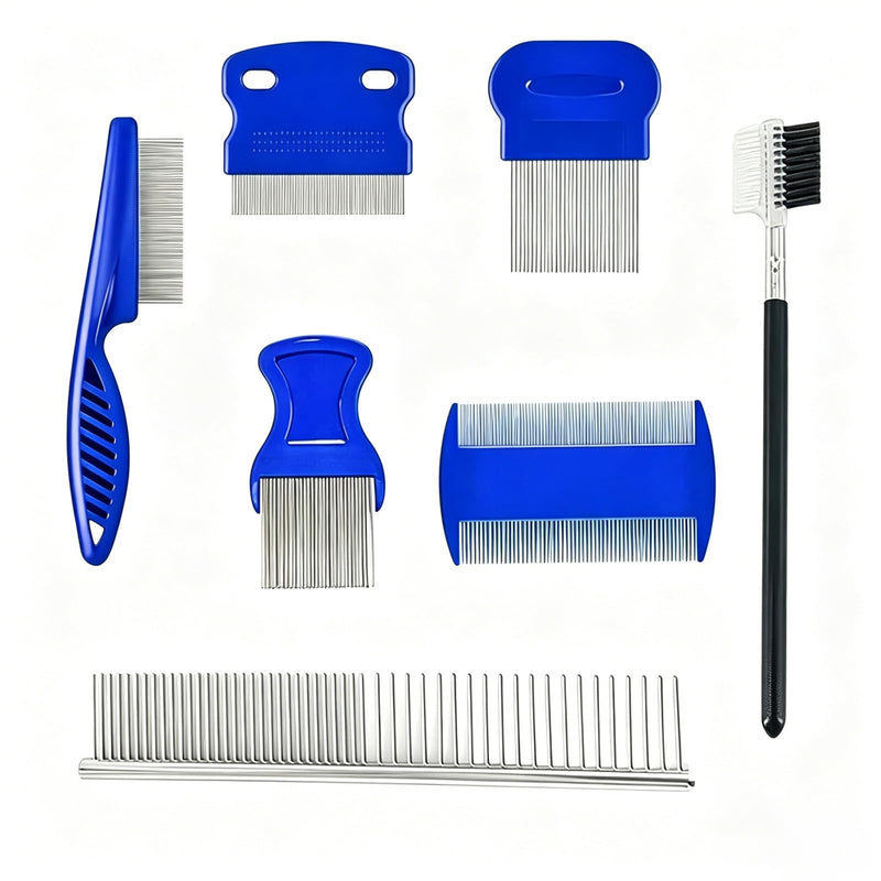 7 Pack Flea Comb, Stainless Steel Pet Professional Double Sided Tear Stain Remover, Dog Cat Grooming Combs with Rounded Tooth, Dematting Tool for All Types of Small, Medium, Large Pets