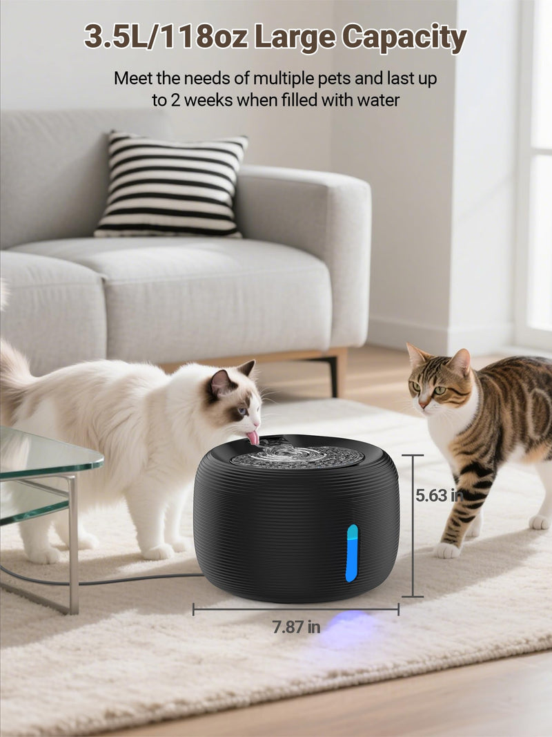 SIBAYS Cat Water Fountain, 3.5L/118oz Large Capacity Pet Water Fountain Cat Fountains for Drinking, Automatic Quiet Dog Water Bowl Dispenser with LED Light & Water Level Window(FS77, Black) - PawsPlanet Australia