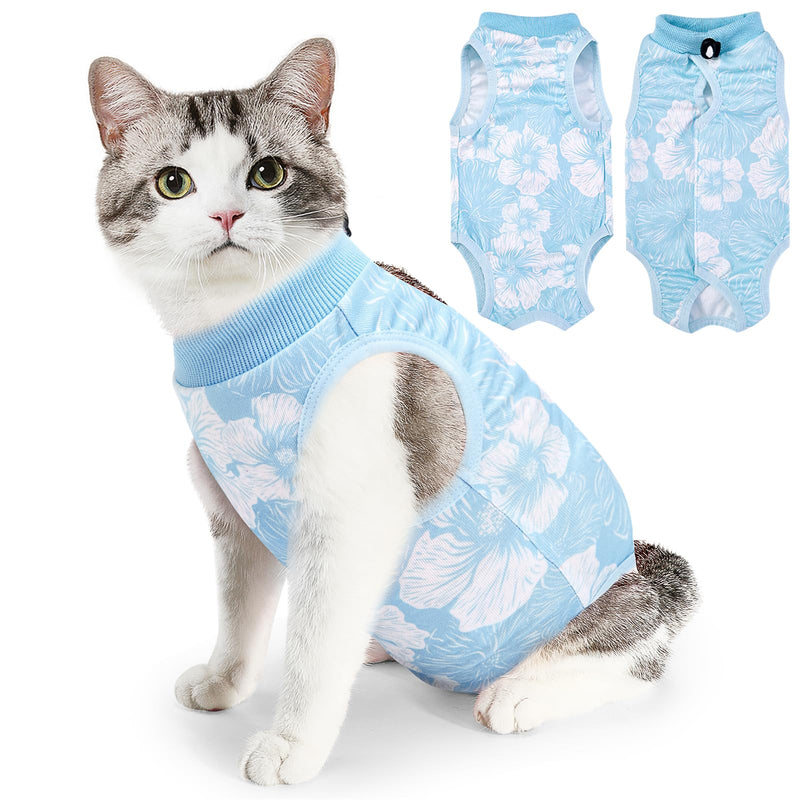 SlowTon Cat Recovery Suit - Cat Onesie for Cats After Surgery Female Male, Kitten Clothes Cats Surgical Spay Suit Abdominal Wounds, E-Collar Alternative Bodysuit Shirt Anti-Licking (Blue Flower,M) Medium Blue Flower