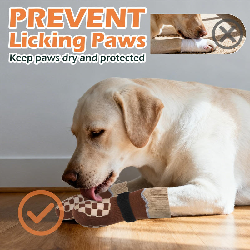 EXPAWLORER Dog Socks to Prevent Licking Paws with Grippers for Hardwood Floors Anti Slip, Reflective Dog Cold Winter Shoes Booties Boots & Paw Protectors with for Small Medium Large Senior Dogs L Brown