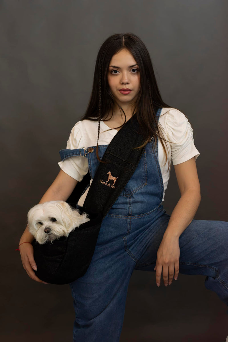 Noah & Paw Dog Sling Carrier for Small Dogs 5-18lb, Dog Sling for Small Dogs and Cats, Dog Carrier with Adjustable Padded Strap, Denim Lined with Fur, 3X Safety Features, Machine Washable Black 18.0"L x 10.0"W x 5.5"H - PawsPlanet Australia